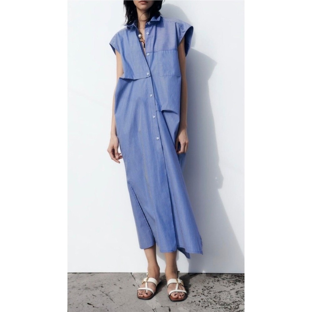 Zara Striped Poplin ShirtDress Navy Blue pinstripe size L asymmetric